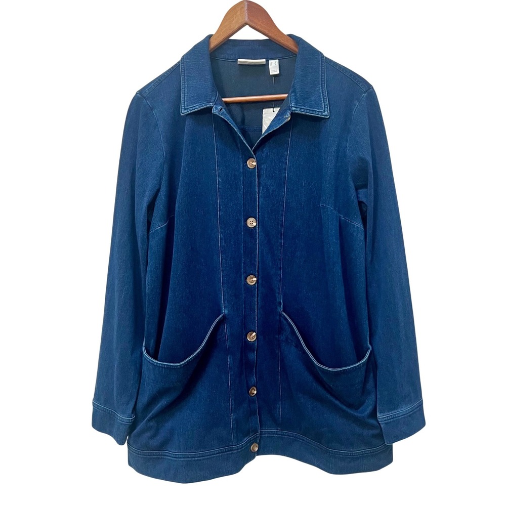 d&co womens blue denim-look jacket button front collared long sleeve size M knit